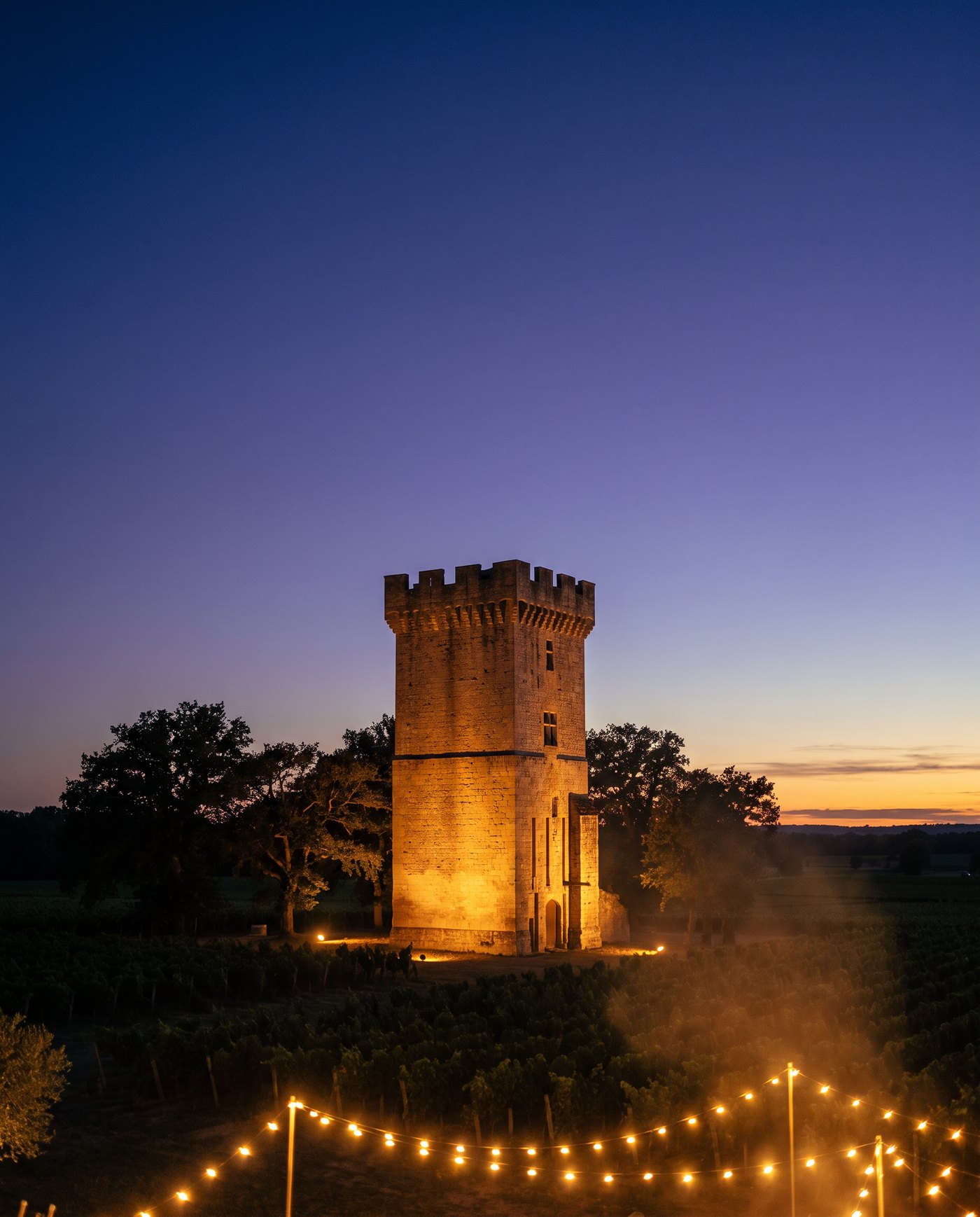 La tour du château de Herrebouc illuminée au crépuscule