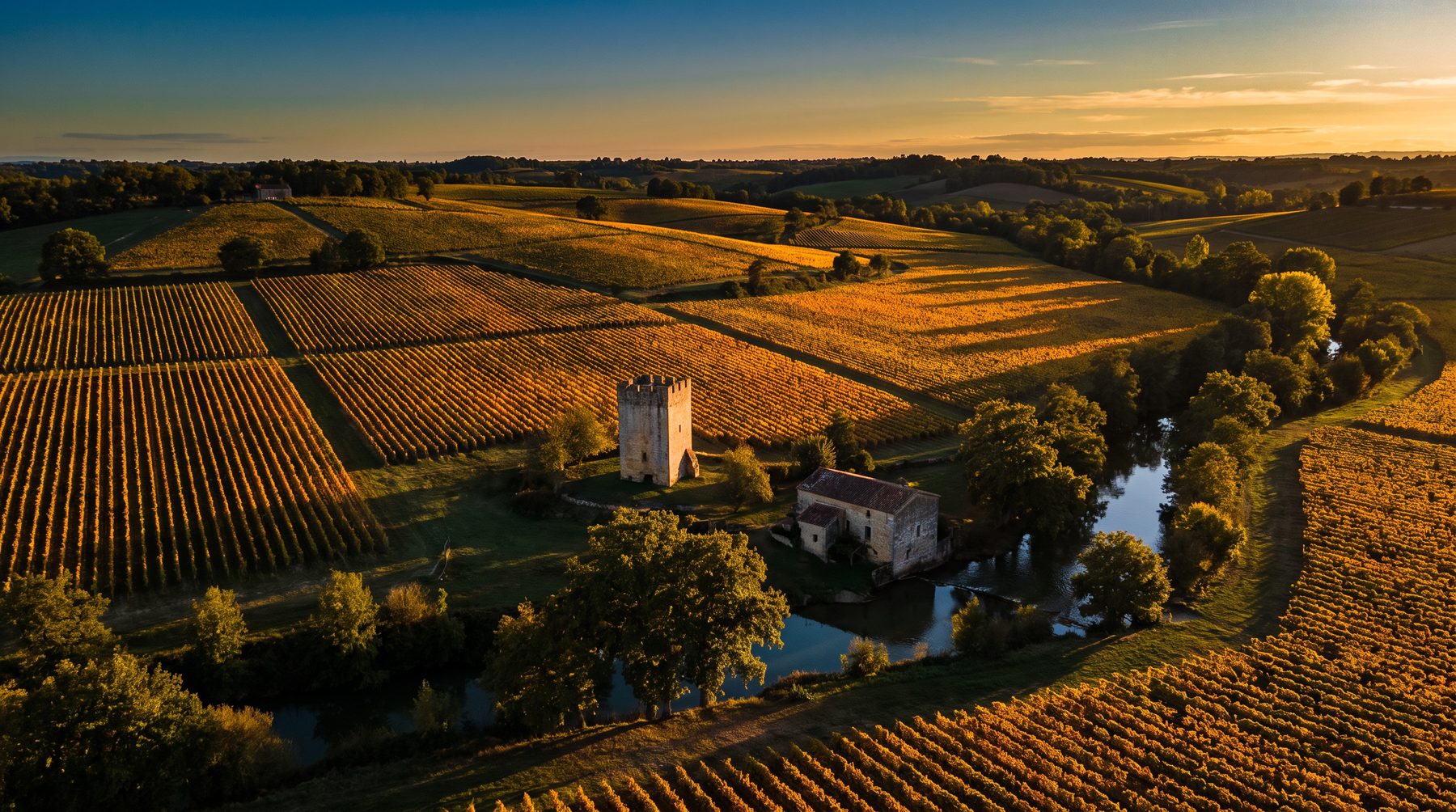 La vallée de la Baïse et les vignes de Herrebouc au soleil couchant